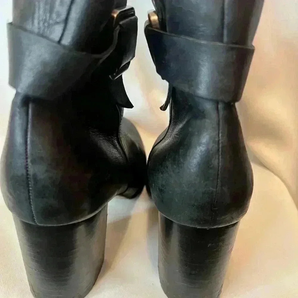 Lands’ End Women’s 8 Black Leather Ankle Boots Buckle Block Heel - Picture 5 of 9